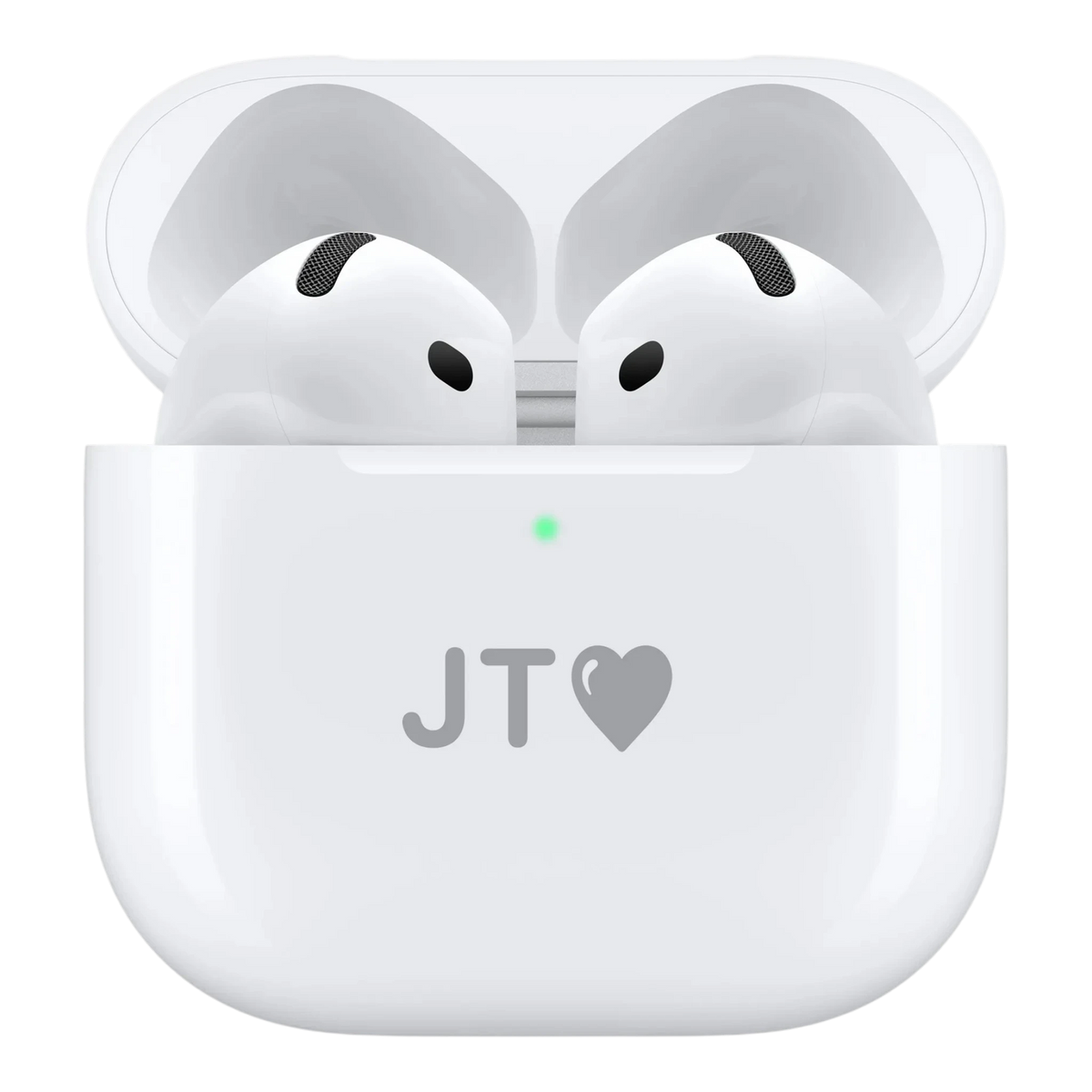 alAsil Apple AirPods 5 in white wireless charging case with custom JT heart engraving and green status light