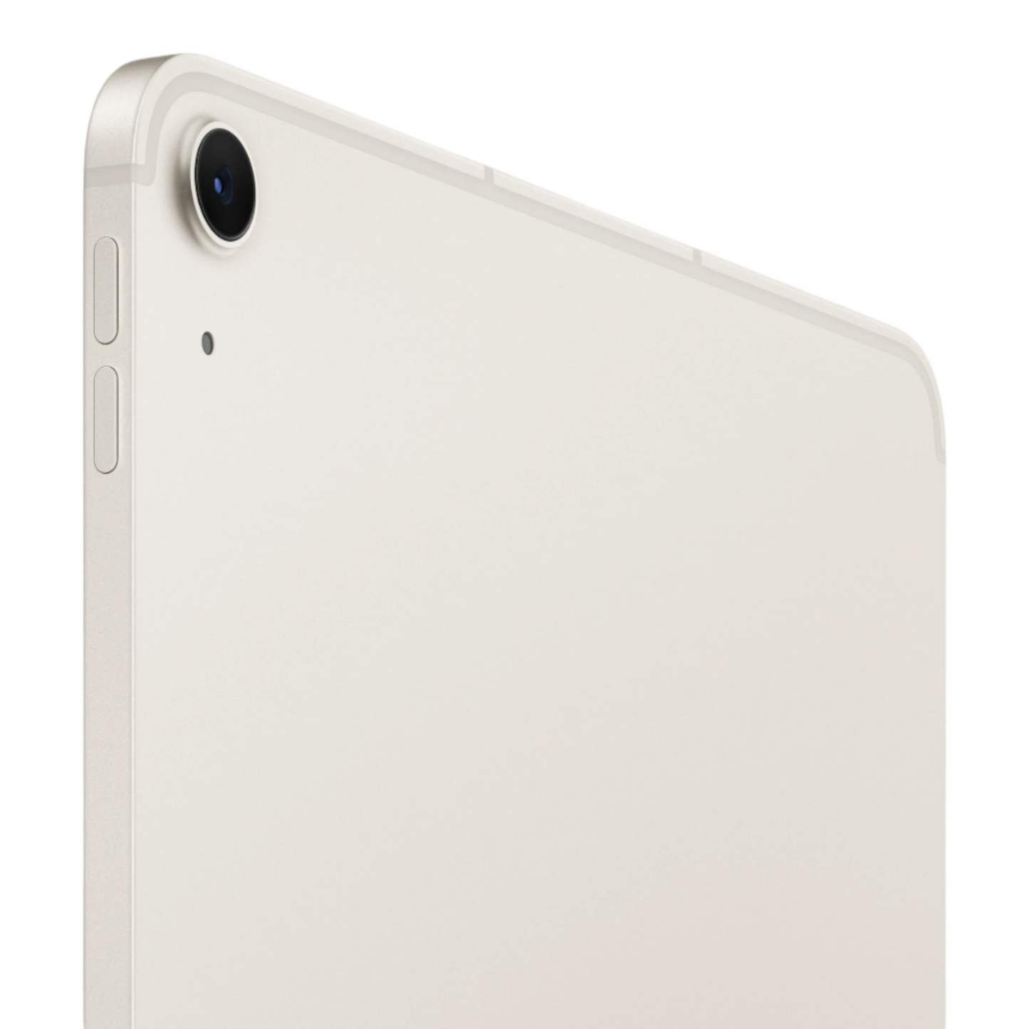 iPad Air back view in Starlight finish, showcasing camera and sleek design features.