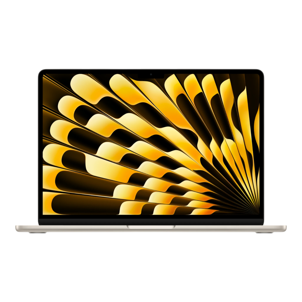 13-inch MacBook Air in Starlight, showcasing a vibrant yellow abstract wallpaper on its Retina display.