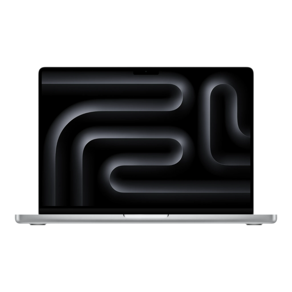 14-inch silver MacBook Pro with M5 Max chip displaying a sleek, abstract dark background.