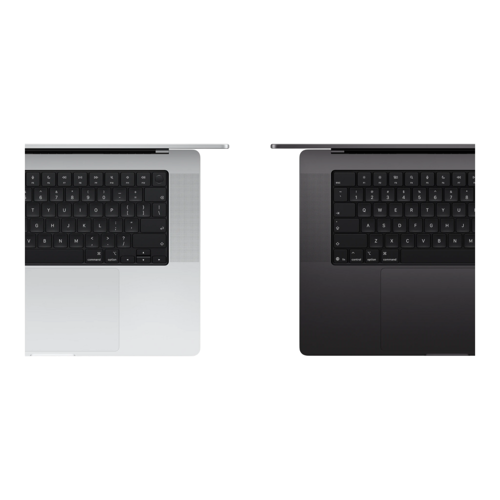 Top view of two MacBook Pro M5 Max 16-inch models in silver and space gray colors showing their black keyboards.