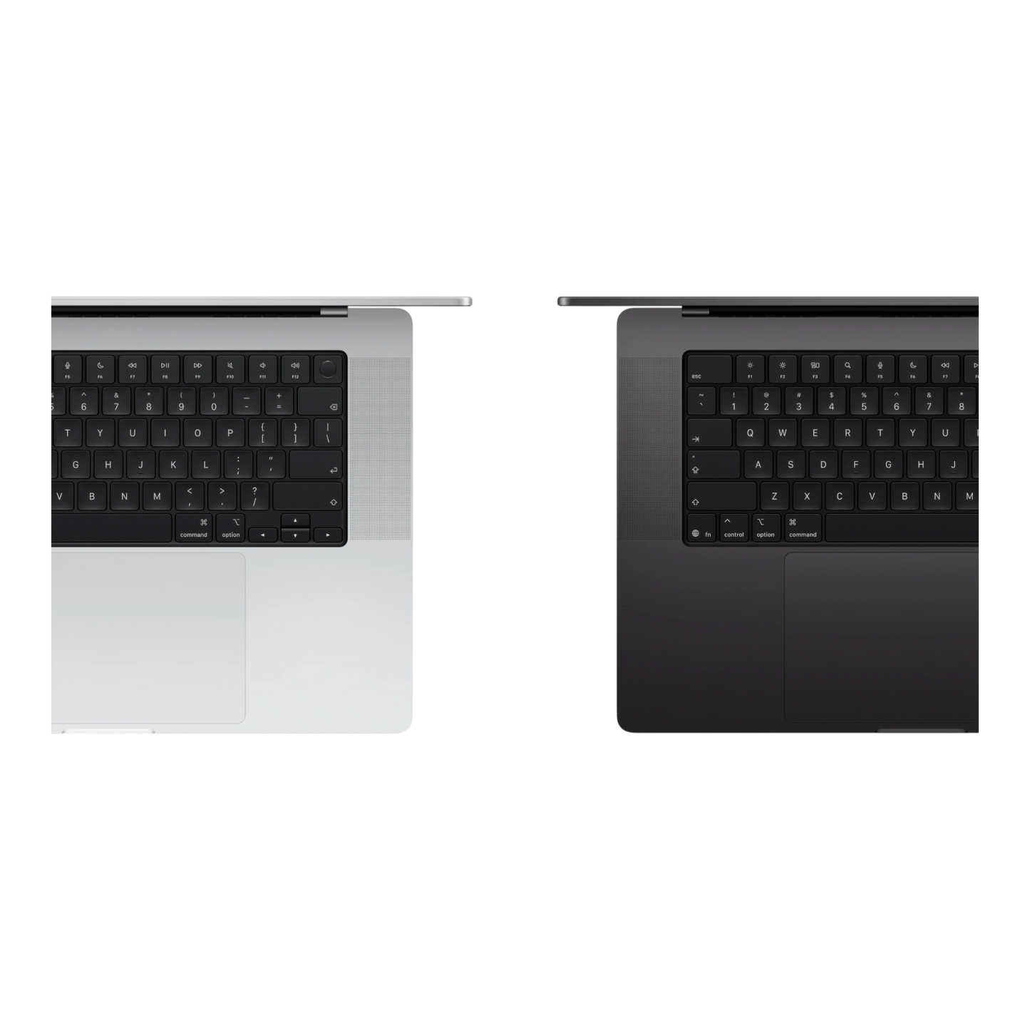 Top view of two MacBook Pro M5 Max 16-inch models in silver and space gray colors showing their black keyboards.
