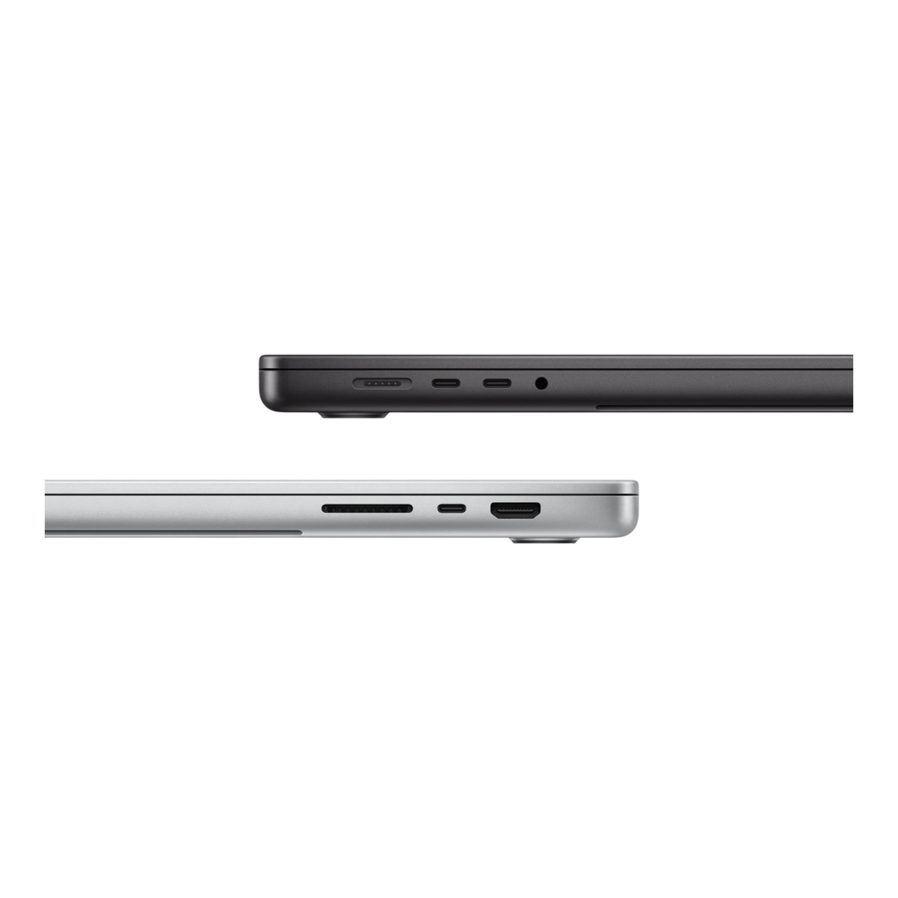 Side view of the black and silver MacBook Pro M5 Max 16-inch showing charging and audio ports.