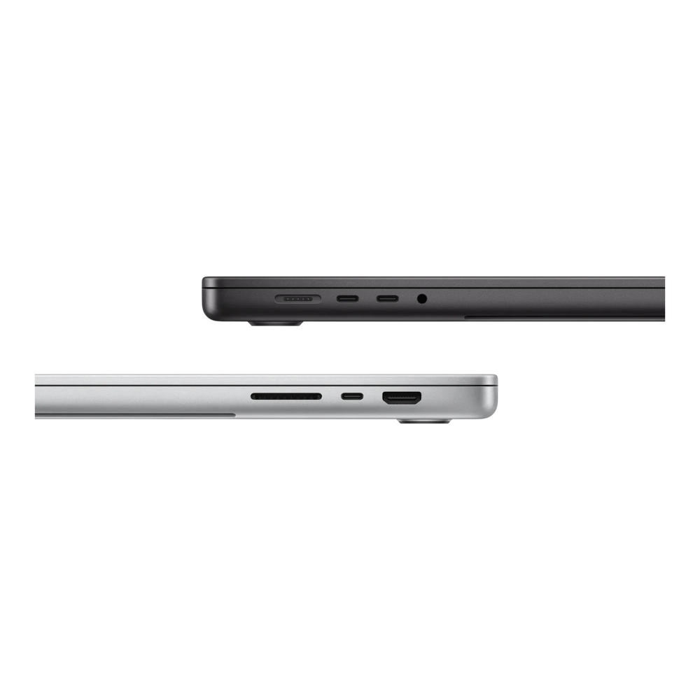 Side view of the black and silver MacBook Pro showing charging and audio ports.