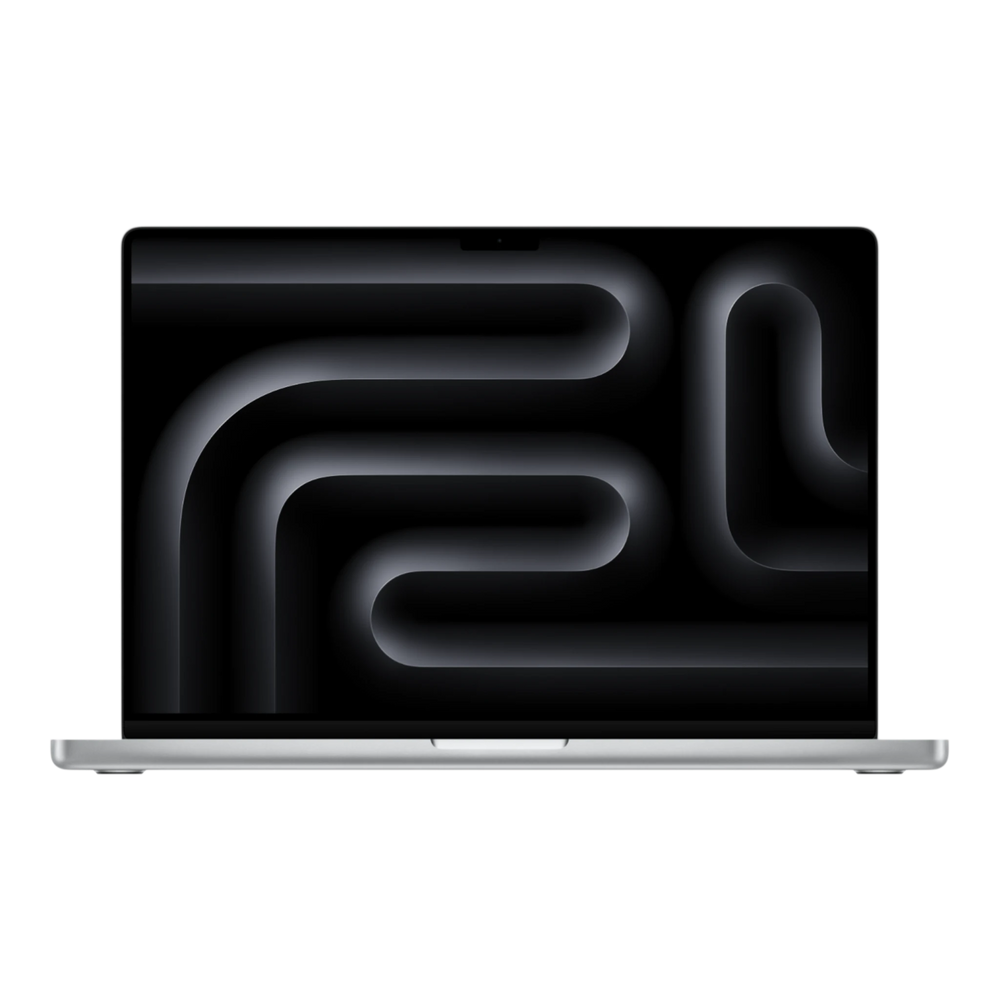 16-inch MacBook Pro in silver with a sleek, abstract dark background on its display.