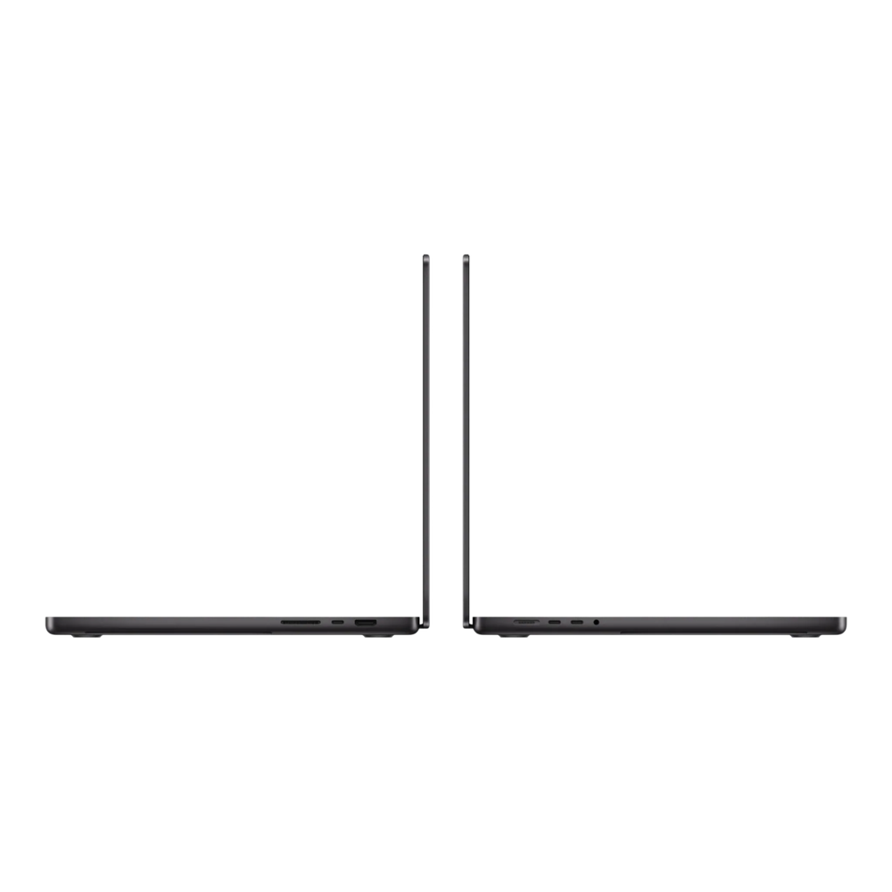 Two MacBook Pro laptops in space black, viewed from the side, showcasing their sleek design and ports.