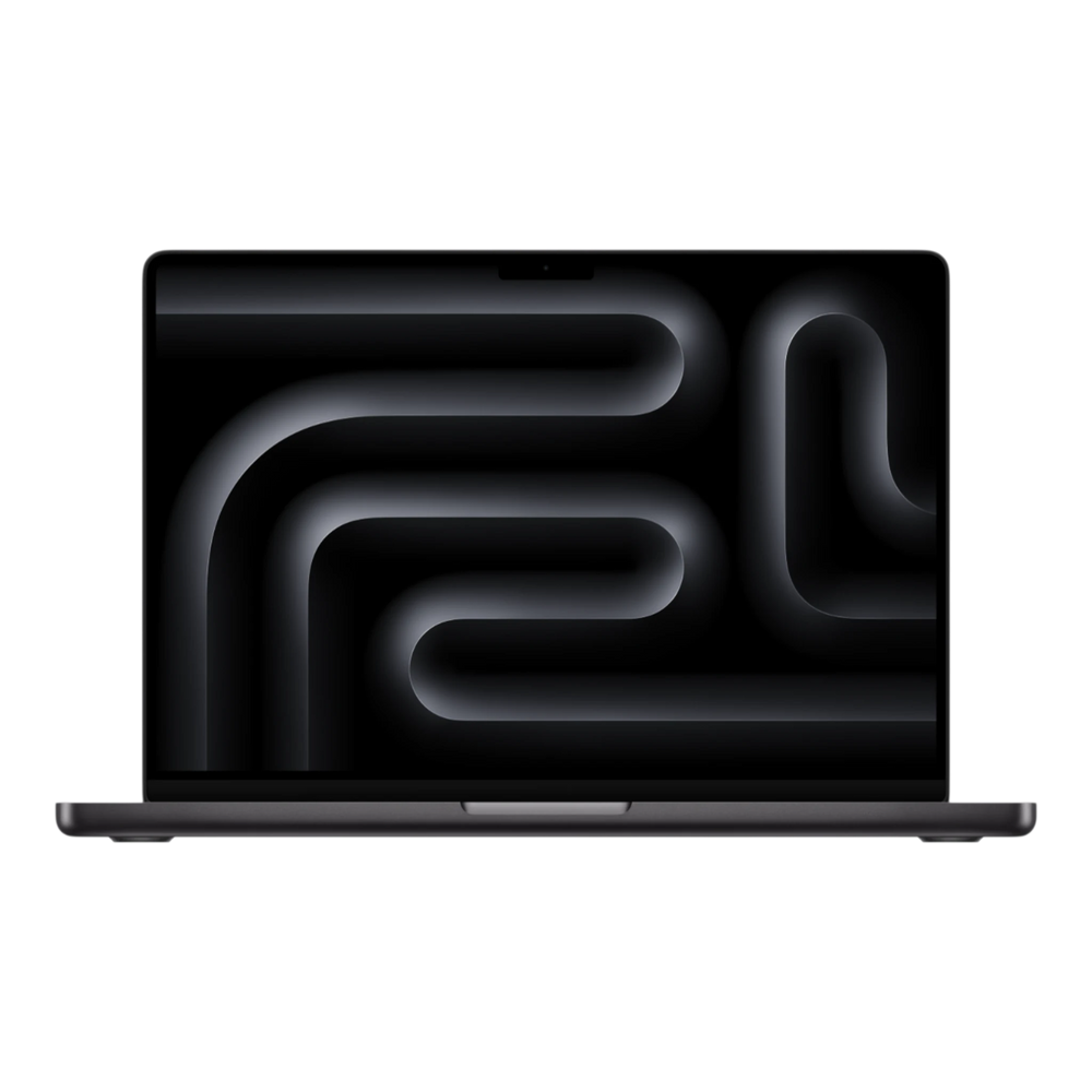 MacBook Pro M5 Max 14-inch in Space Black displaying an abstract dark design on the screen.