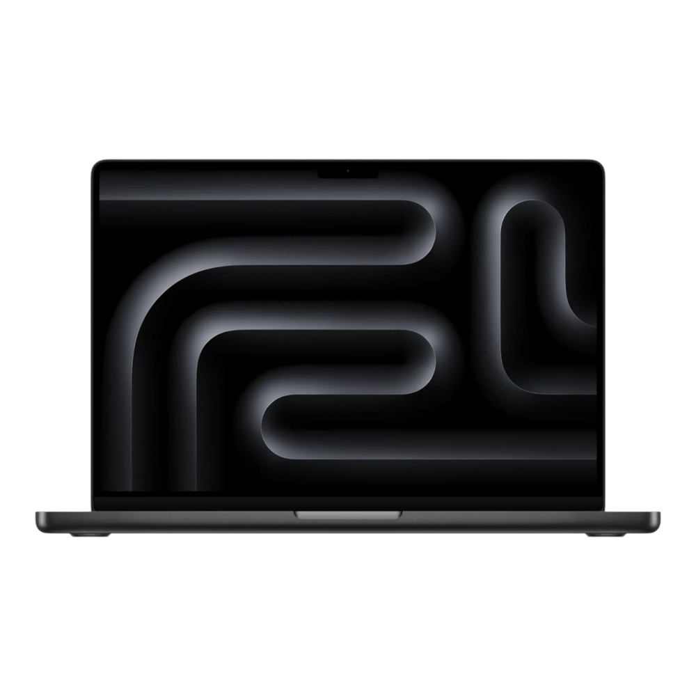 MacBook Pro M5 16-inch in Space Black displaying an abstract dark design on the screen.
