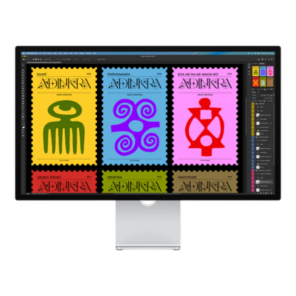 A monitor displaying colorful graphic designs of various stamps with African-inspired patterns and symbols.