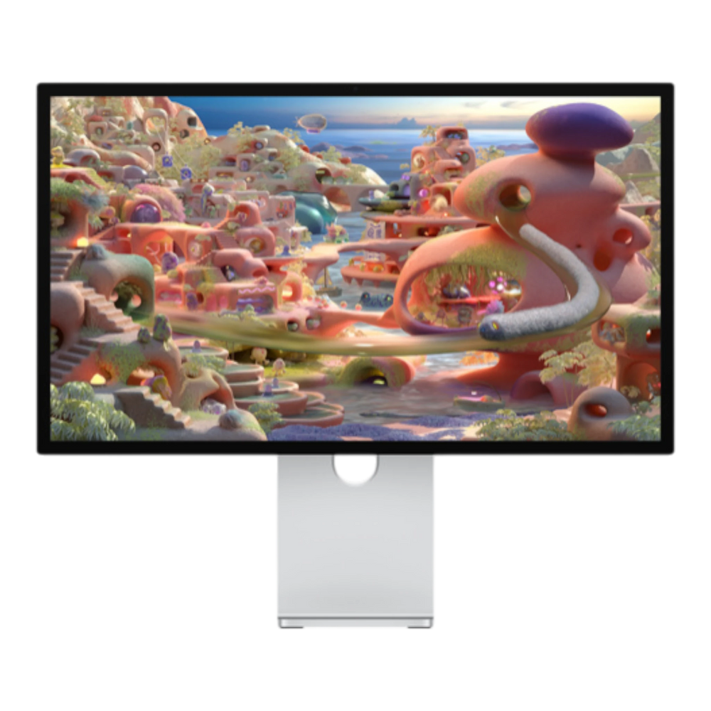 Vivid digital illustration of a fantastical landscape displayed on a Studio Display XDR with VESA mount adapter.