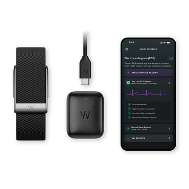 Health monitoring device with app on smartphone displaying ECG readings on a white background