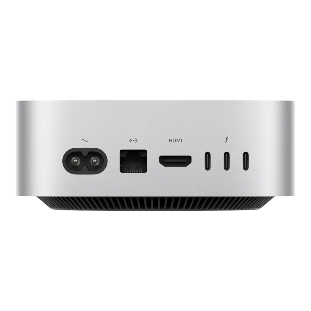 Apple Mac mini M4 showing rear connections including HDMI and Thunderbolt ports.