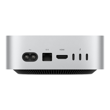 Apple Mac mini M4 showing rear connections including HDMI and Thunderbolt ports.