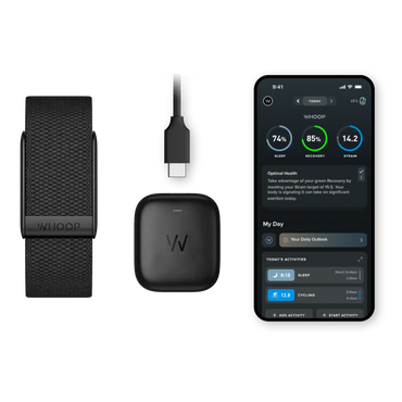 Black fitness tracker, charging cable, and smartphone displaying fitness app on a white background