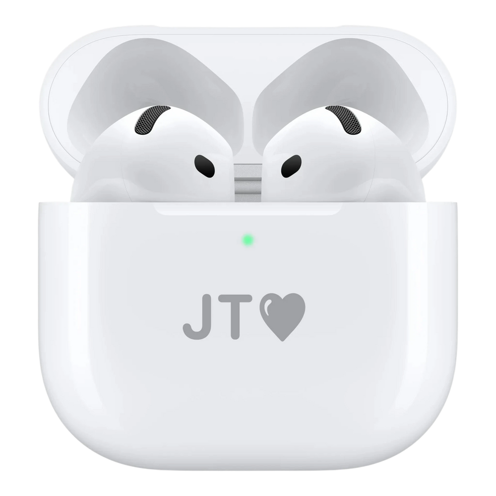 alAsil Apple AirPods 5 in white wireless charging case with custom JT heart engraving and green status light