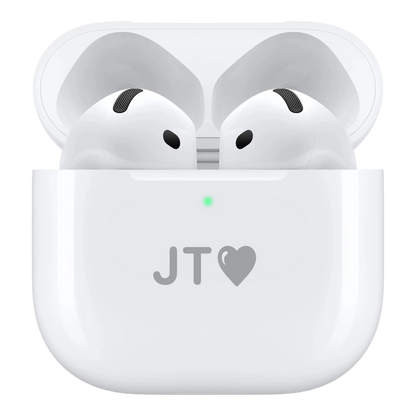 alAsil Apple AirPods 5 in white wireless charging case with custom JT heart engraving and green status light