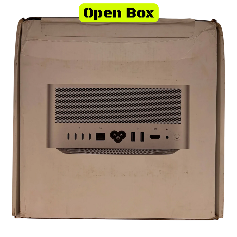 alAsil open box Apple Mac Studio 2023 with M2 Ultra chip, showing rear port layout on the product packaging