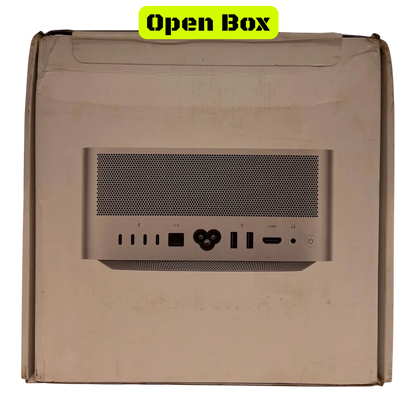 alAsil open box Apple Mac Studio 2023 with M2 Ultra chip, showing rear port layout on the product packaging