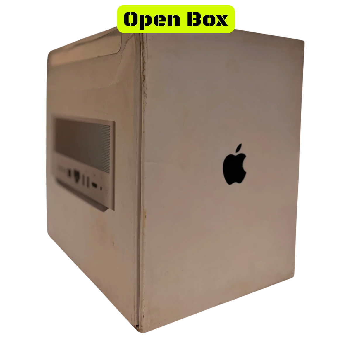 alAsil open box Apple Mac Studio 2023 with M2 Ultra chip, featuring a sleek silver desktop computer design.