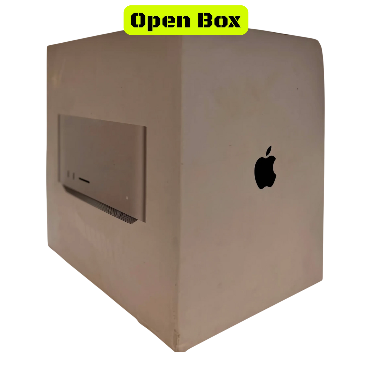 alAsil open box Apple Mac Studio 2023 with M2 Ultra chip, featuring a sleek silver compact desktop design.