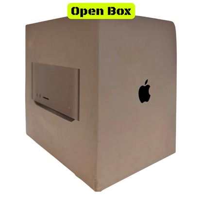 alAsil open box Apple Mac Studio 2023 with M2 Ultra chip, featuring a sleek silver compact desktop design.