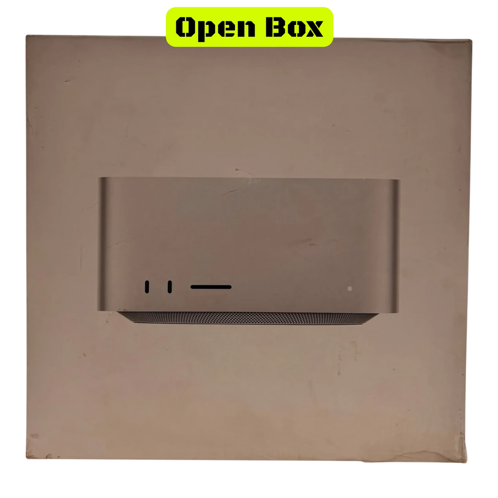 alAsil open box Apple Mac Studio 2023 with M2 Ultra chip, featuring a compact silver aluminum workstation design.