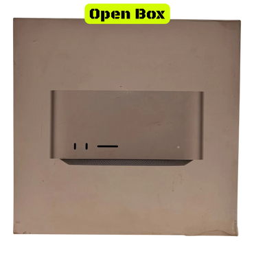 alAsil open box Apple Mac Studio 2023 with M2 Ultra chip, featuring a compact silver aluminum workstation design.