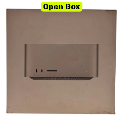 alAsil open box Apple Mac Studio 2023 with M2 Ultra chip, featuring a compact silver aluminum workstation design.