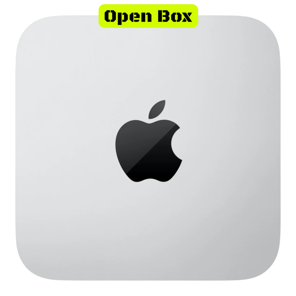 alAsil open box Apple Mac Studio 2023 with M2 Ultra chip, featuring a sleek silver square design and Apple logo.