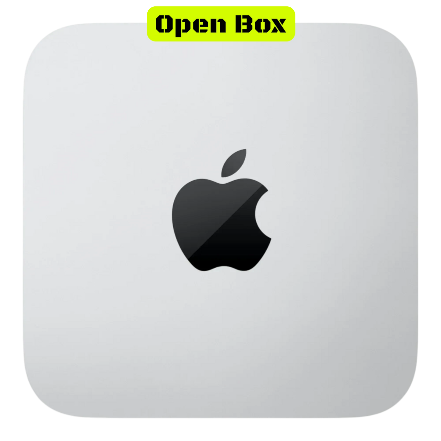 alAsil open box Apple Mac Studio 2023 with M2 Ultra chip, featuring a sleek silver square design and Apple logo.