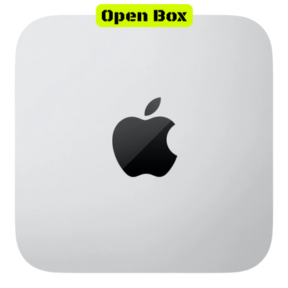 alAsil open box Apple Mac Studio 2023 with M2 Ultra chip, featuring a sleek silver square design and Apple logo.