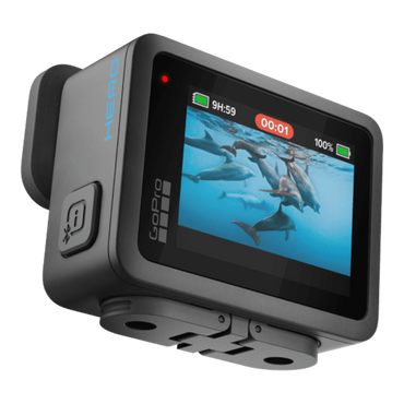 alAsil GoPro HERO 2024 action camera with a rear touchscreen display showing a dolphin video in a compact black body