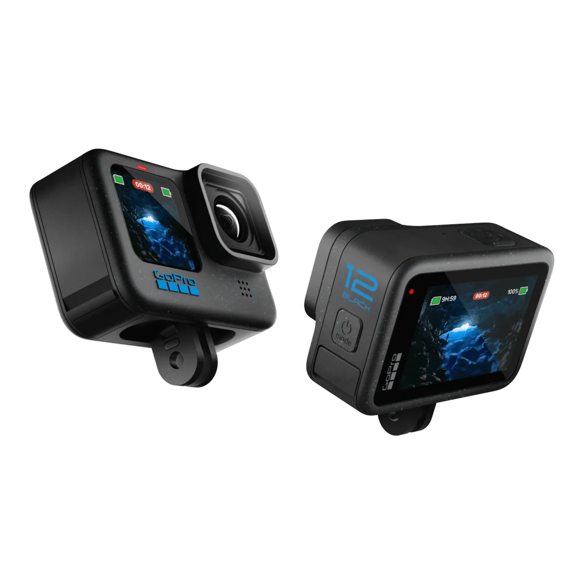 alAsil GoPro HERO12 Black action camera showing front and side views with blue branding and digital display screens