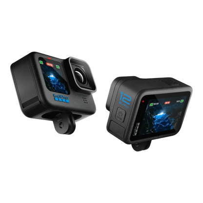 alAsil GoPro HERO12 Black action camera showing front and side views with blue branding and digital display screens