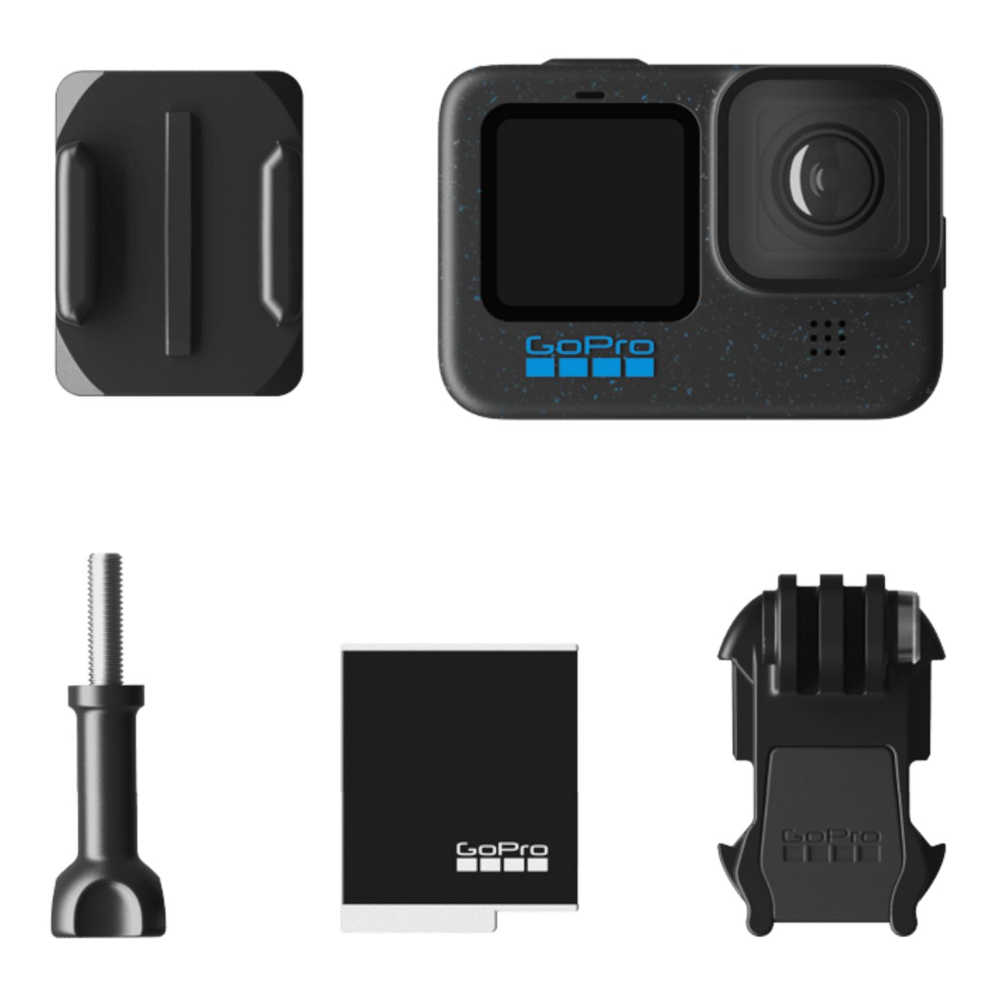 alAsil GoPro HERO12 Black action camera kit with mounting hardware, battery, and accessories on white background