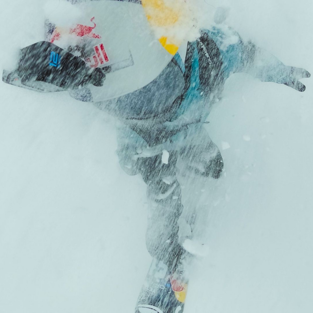 alAsil GoPro HERO12 Black action camera capturing a skier performing a trick in deep snow with motion blur