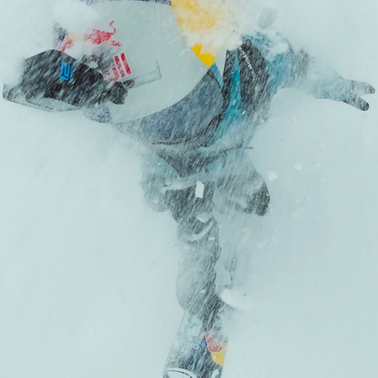 alAsil GoPro HERO12 Black action camera capturing a skier performing a trick in deep snow with motion blur