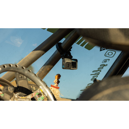 alAsil GoPro HERO12 Black action camera mounted inside a vehicle roll cage for off-road filming