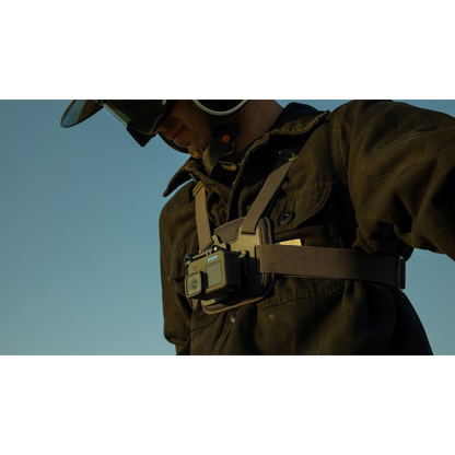 alAsil GoPro HERO12 Black action camera mounted on a chest harness worn by a person in outdoor gear