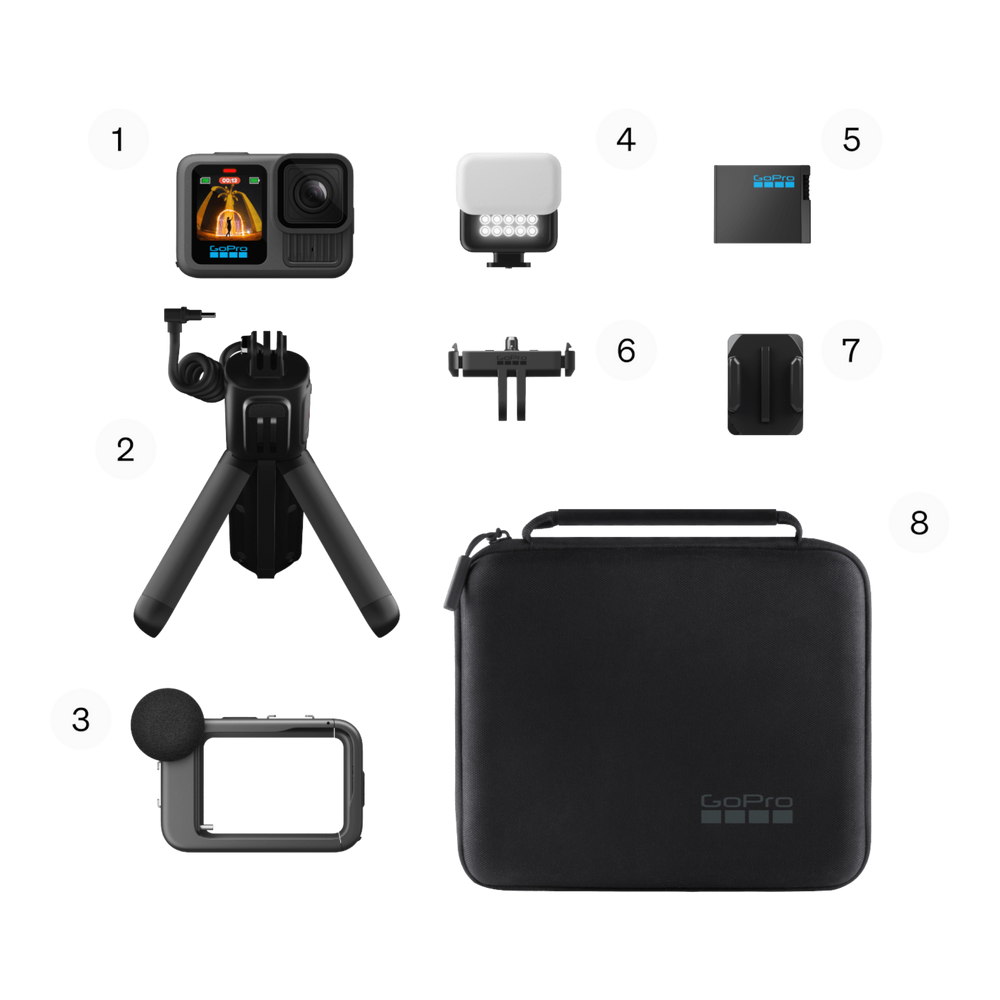 alAsil GoPro HERO13 Black Creator Edition kit including action camera, battery grip, LED light, mic, and carrying case.