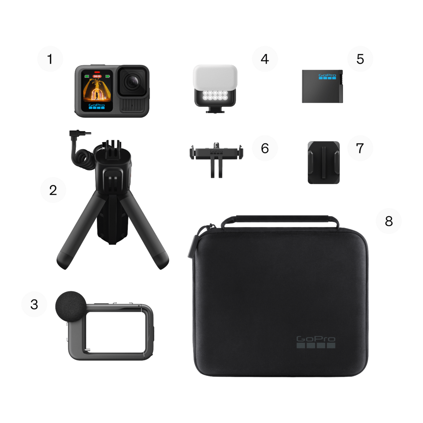alAsil GoPro HERO13 Black Creator Edition kit including action camera, battery grip, LED light, mic, and carrying case.