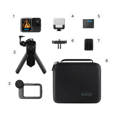alAsil GoPro HERO13 Black Creator Edition kit including action camera, battery grip, LED light, mic, and carrying case.