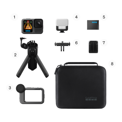 alAsil GoPro HERO13 Black Creator Edition kit including action camera, battery grip, LED light, mic, and carrying case.