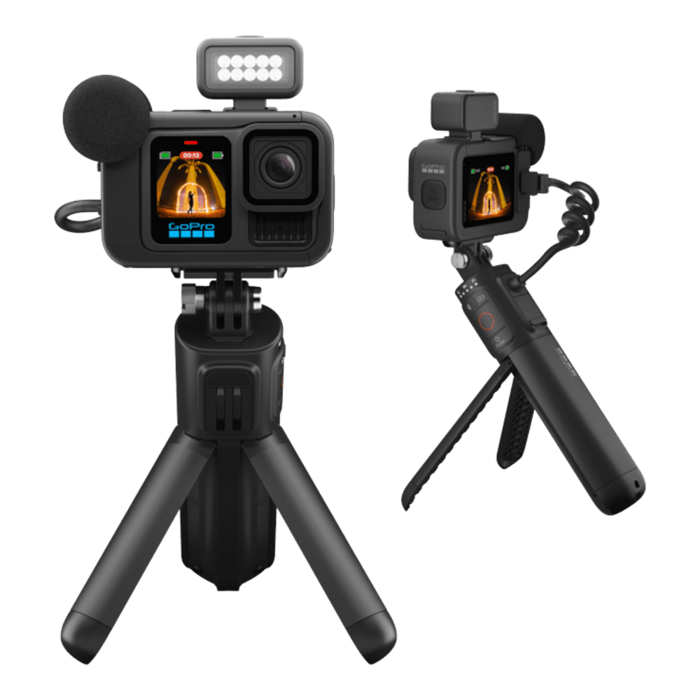 alAsil GoPro HERO13 Black Creator Edition action camera with battery grip, LED light, and microphone on a tripod.