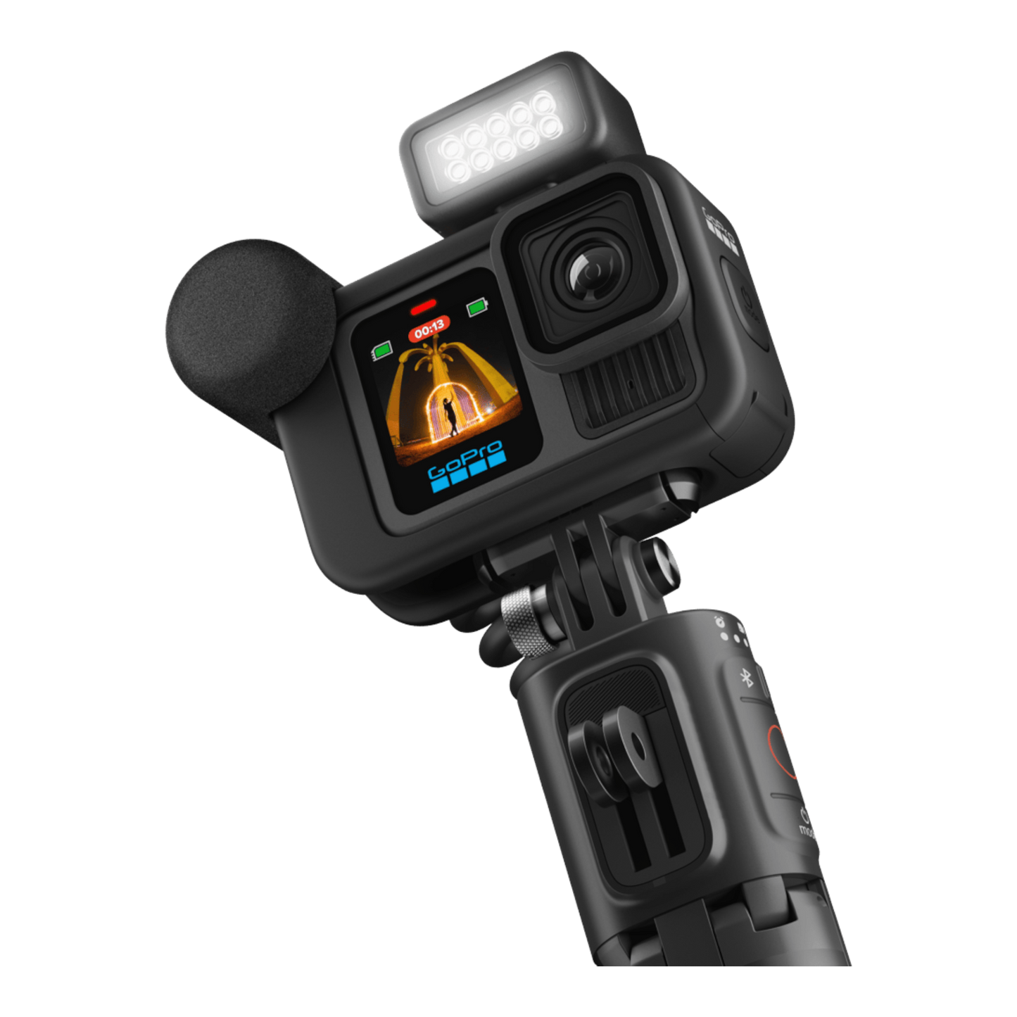 alAsil GoPro HERO13 Black Creator Edition action camera with LED light, microphone, and battery grip for vlogging