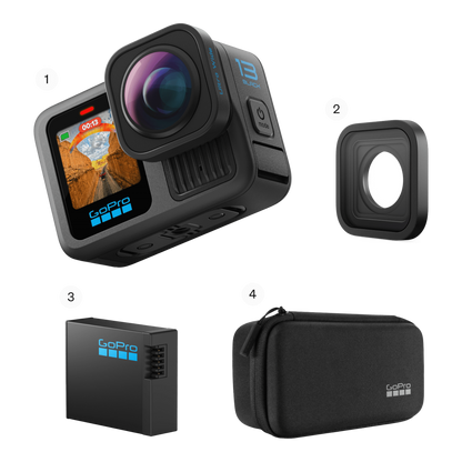 alAsil GoPro HERO13 Black Ultra Wide Edition camera with lens mod, battery, and carrying case on white background