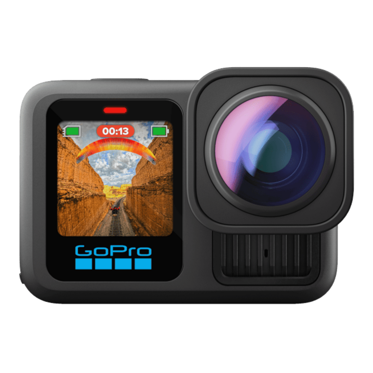 alAsil GoPro HERO13 Black action camera with Ultra Wide Lens Mod attached, showing front display and lens.
