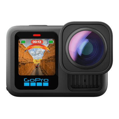 alAsil GoPro HERO13 Black action camera with Ultra Wide Lens Mod attached, showing front display and lens.