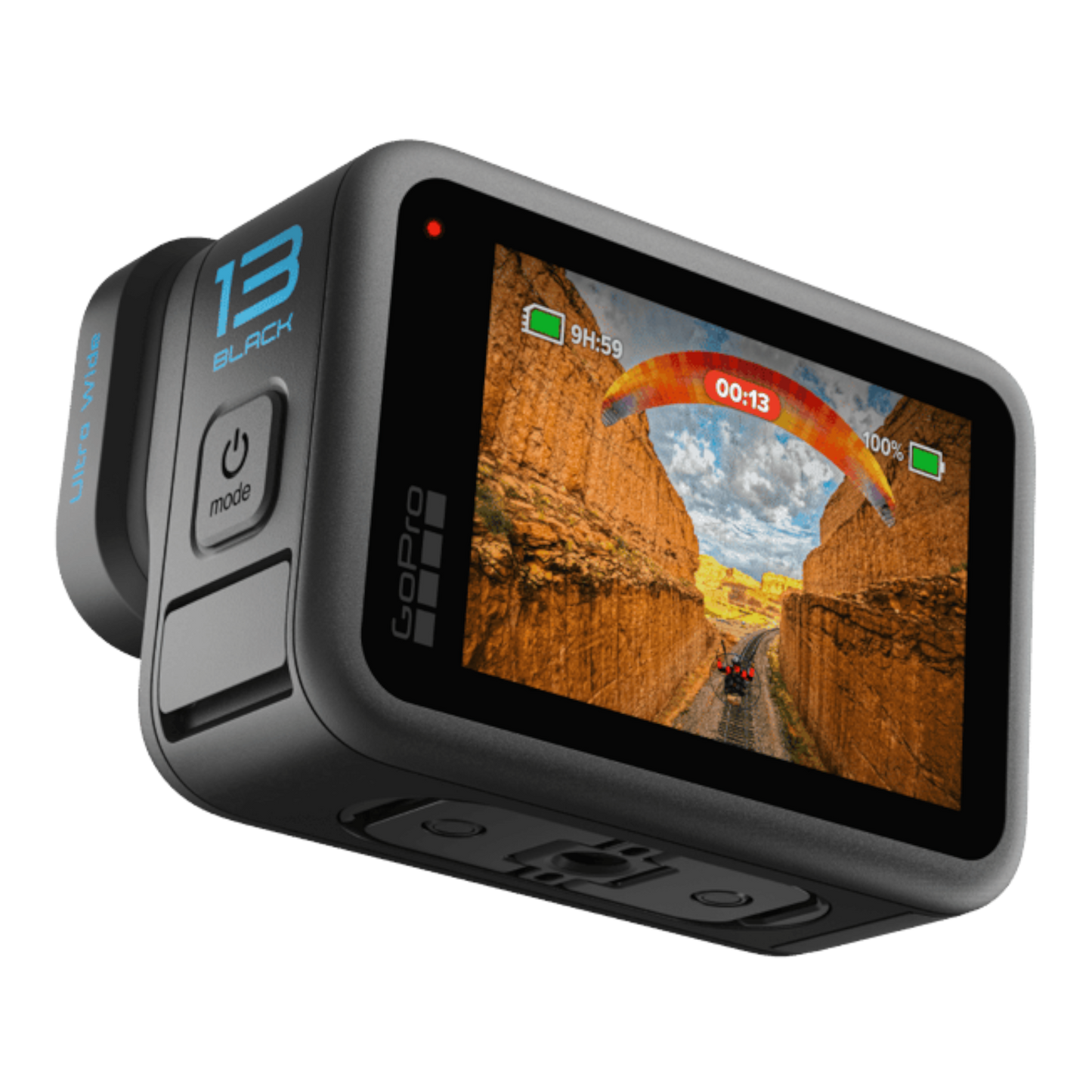 alAsil GoPro HERO13 Black action camera with Ultra Wide Lens Mod showing a canyon paragliding view on the screen