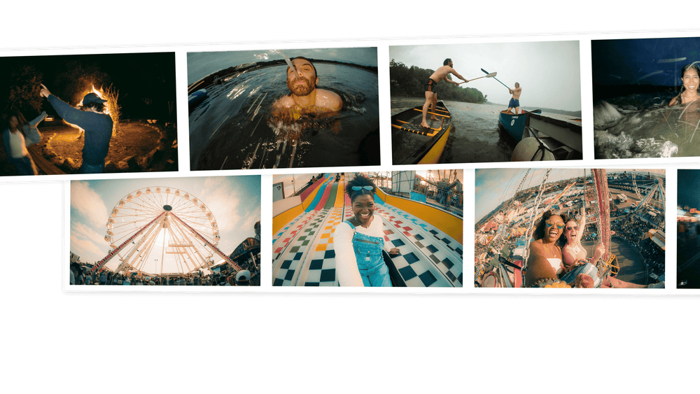 alAsil GoPro LIT HERO action camera footage showing diverse activities like night camping, swimming, and amusement rides
